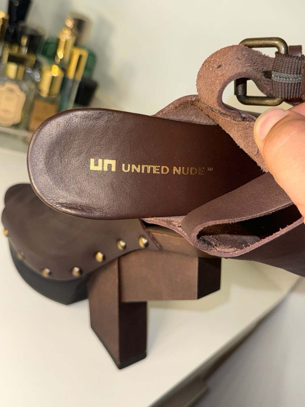 United Nude Mobius Hi Brown Leather Studded Platform Clogs - Picture 7 of 13